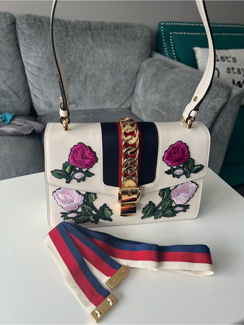 Gucci White Sylvie Floral Embroidered Leather Shoulder Bag - Picture 2 of 16